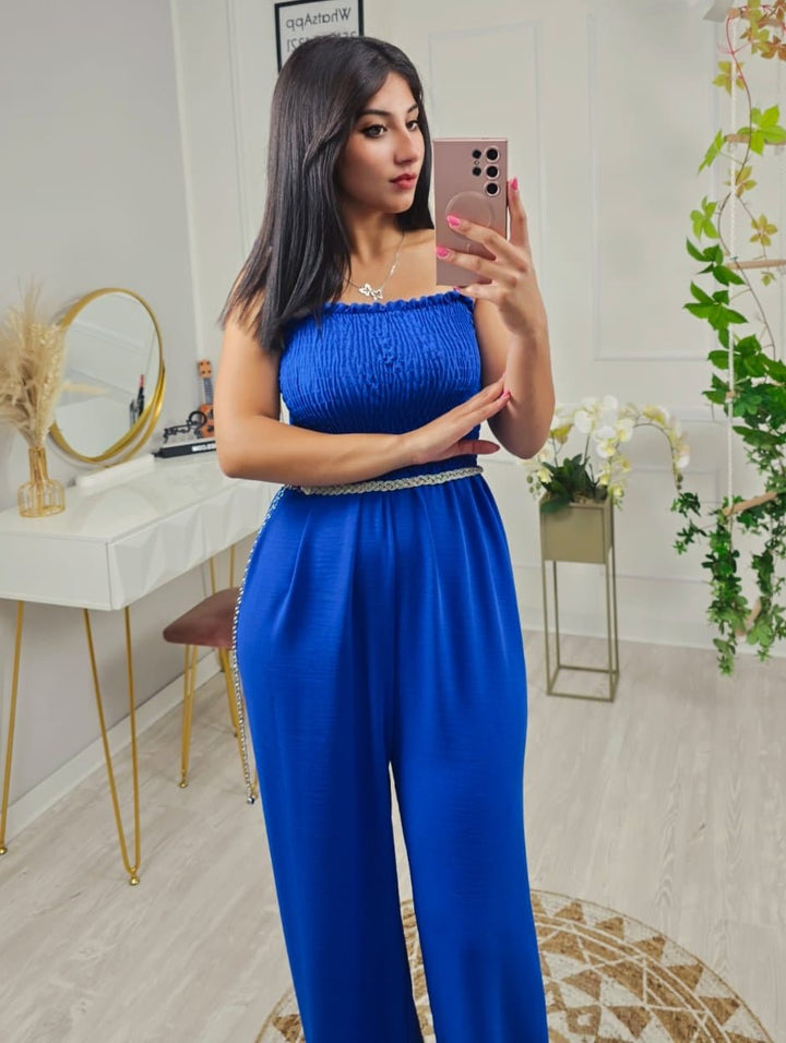 Tuta in chiffon con pantalone a palazzo a fascia elasticizzato - Celeste - Level Stores