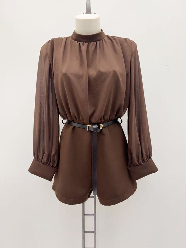 Tuta in chiffon manica lunga a sbuffo con pantaloncino inclusa la cintura Marrone Level Stores