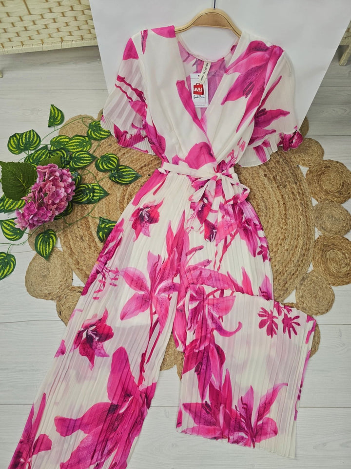 Tuta in chiffon plissé con scollo a v manica corta con fantasia floreale inclusa la cintura modello palazzo morbida Fucsia Level Stores