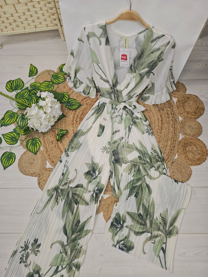 Tuta in chiffon plissé con scollo a v manica corta con fantasia floreale inclusa la cintura modello palazzo morbida Verde militare Level Stores