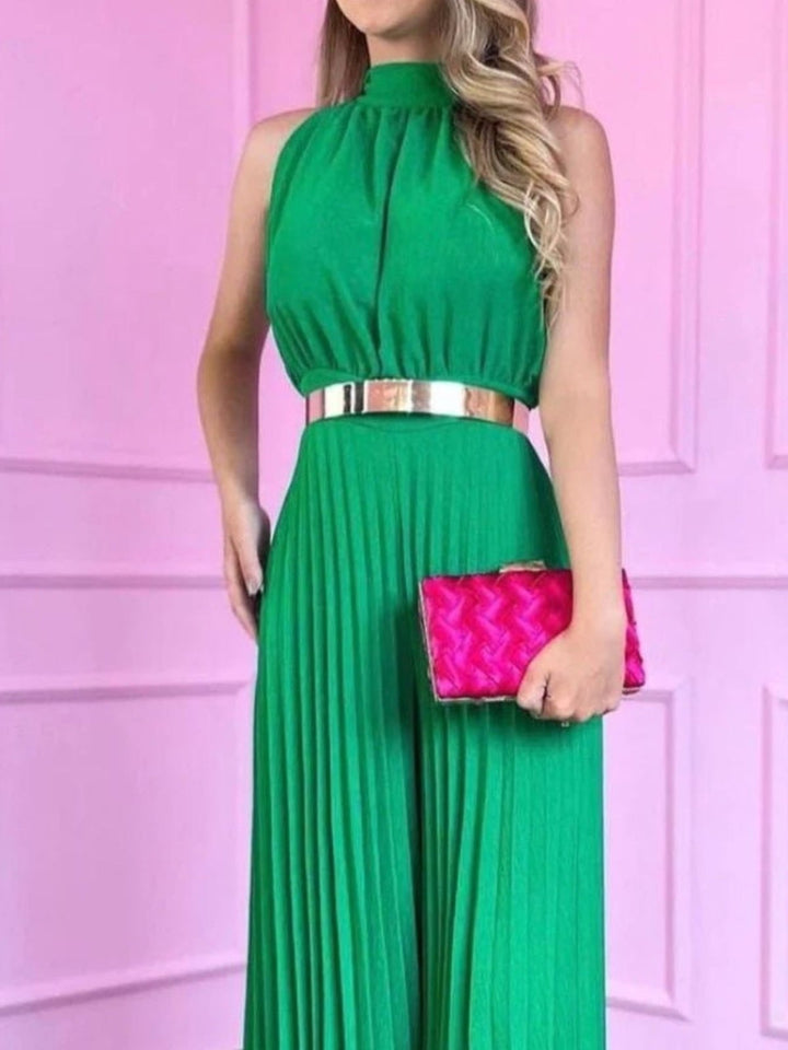 Tuta in chiffon plissè con scollo all'americana e apertura sul retro - Verde gucci - Level Stores