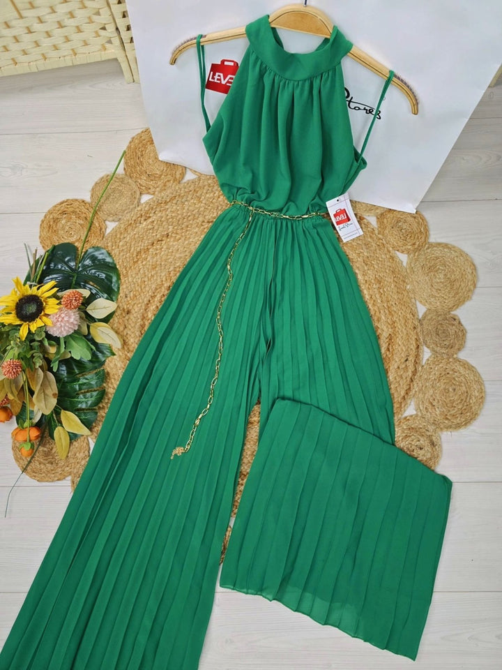 Tuta in chiffon plissè con scollo all'americana e apertura sul retro - Verde gucci - Level Stores