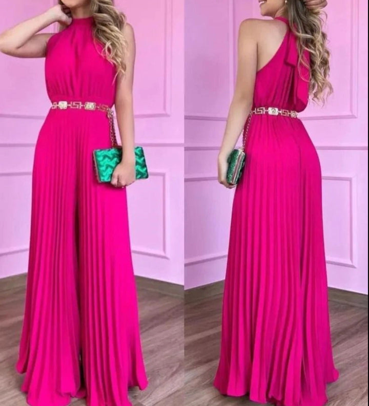 Tuta in chiffon plissè con scollo all'americana e apertura sul retro - Fucsia - Level Stores