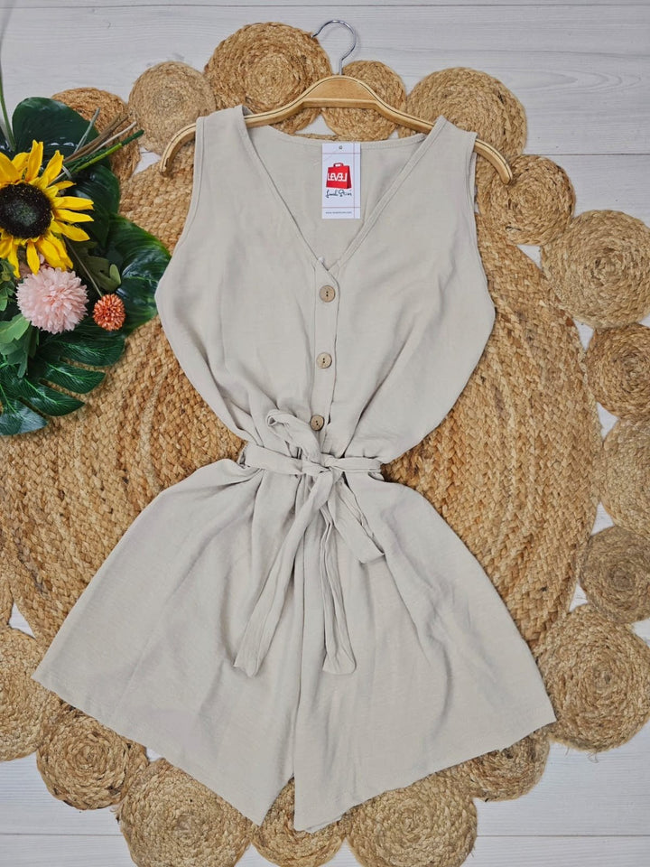 Tuta in chiffon Scollo a v Elastico in vita Bottoni Leggero inclusa la cintura - Beige - Level Stores