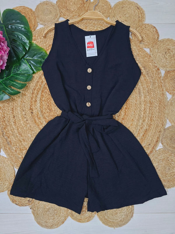 Tuta in chiffon Scollo a v Elastico in vita Bottoni Leggero inclusa la cintura - Nero - Level Stores