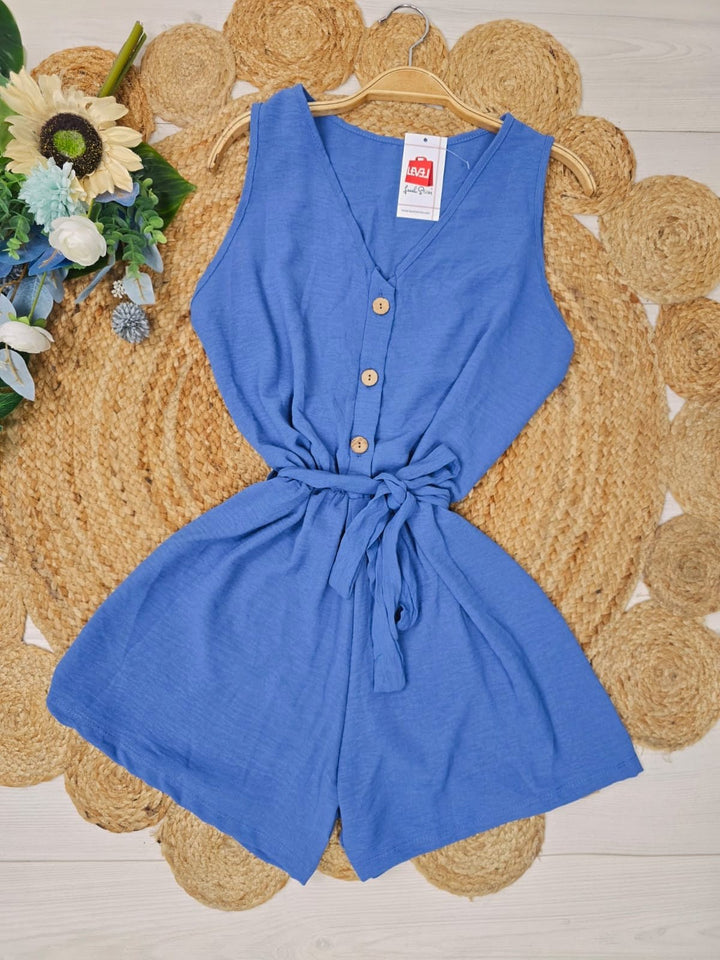 Tuta in chiffon Scollo a v Elastico in vita Bottoni Leggero inclusa la cintura - Blu - Level Stores