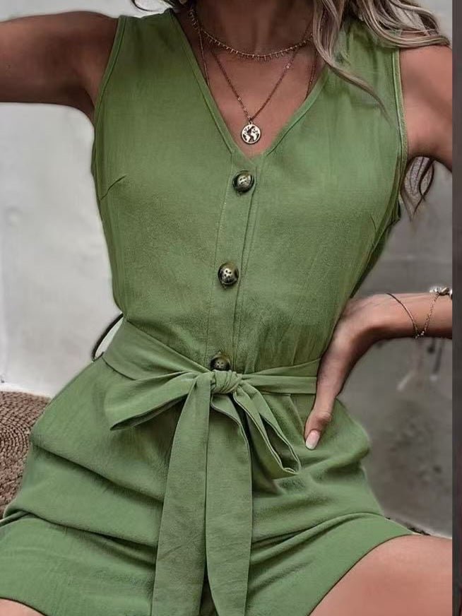 Tuta in chiffon Scollo a v Elastico in vita Bottoni Leggero inclusa la cintura - Verde militare - Level Stores