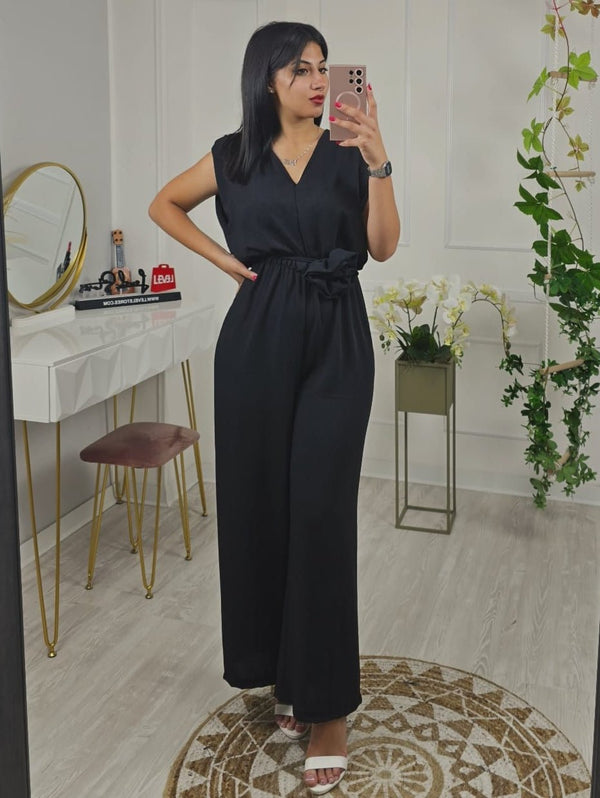 Tuta in chiffon scollo a V Spalline Morbida Pantalone palazzo inclusa la cintura - Nero - Level Stores