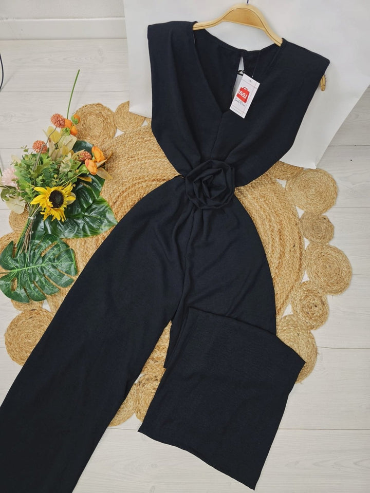 Tuta in chiffon scollo a V Spalline Morbida Pantalone palazzo inclusa la cintura - Nero - Level Stores