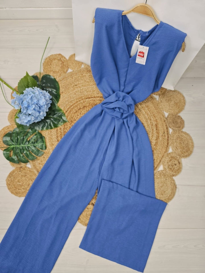Tuta in chiffon scollo a V Spalline Morbida Pantalone palazzo inclusa la cintura - Blu - Level Stores