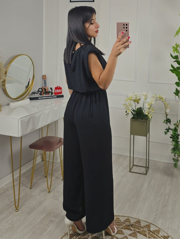 Tuta in chiffon scollo a V Spalline Morbida Pantalone palazzo inclusa la cintura - Blu - Level Stores