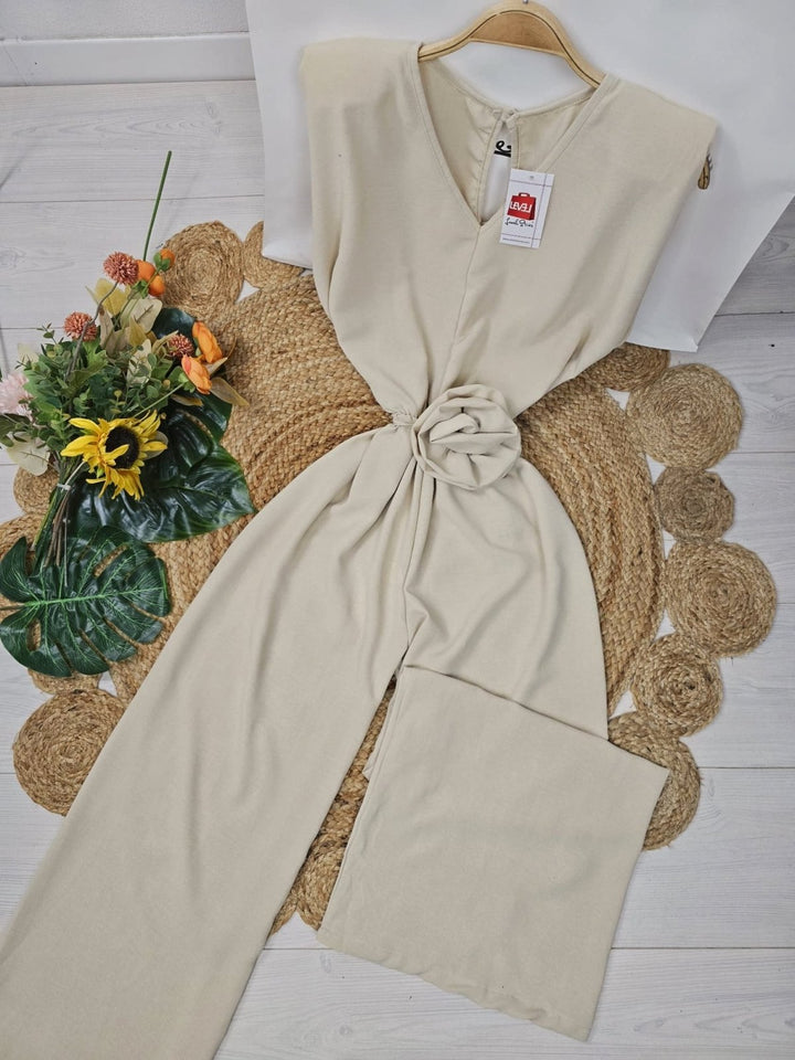 Tuta in chiffon scollo a V Spalline Morbida Pantalone palazzo inclusa la cintura - Beige - Level Stores