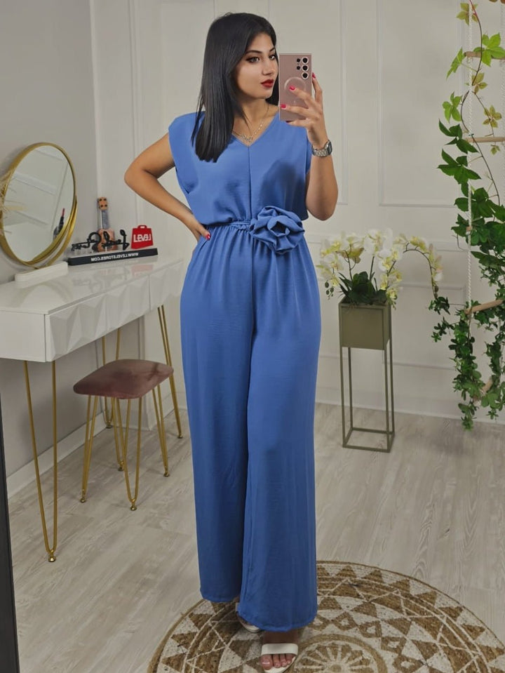 Tuta in chiffon scollo a V Spalline Morbida Pantalone palazzo inclusa la cintura - Nero - Level Stores
