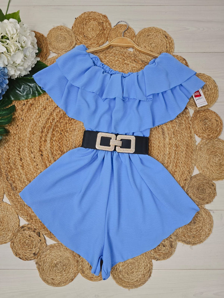 Tuta in chiffon Scollo barca Leggero Elastico in vita - Celeste - Level Stores