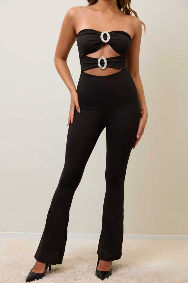 tuta in lycra a cuore e coppe preformate con pantalone a zampa elasticizzato Nero Level Stores