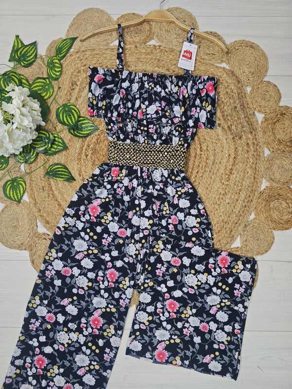 Tuta leggero con bretelle con fantasia floreale e pantalone palazzo con fascia elastica in oro centrale Fantasia floreale Level Stores
