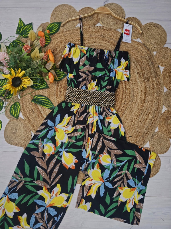 Tuta leggero con bretelle con fantasia foglia e pantalone palazzo con fascia elastica in oro centrale Fantasia a foglia Level Stores
