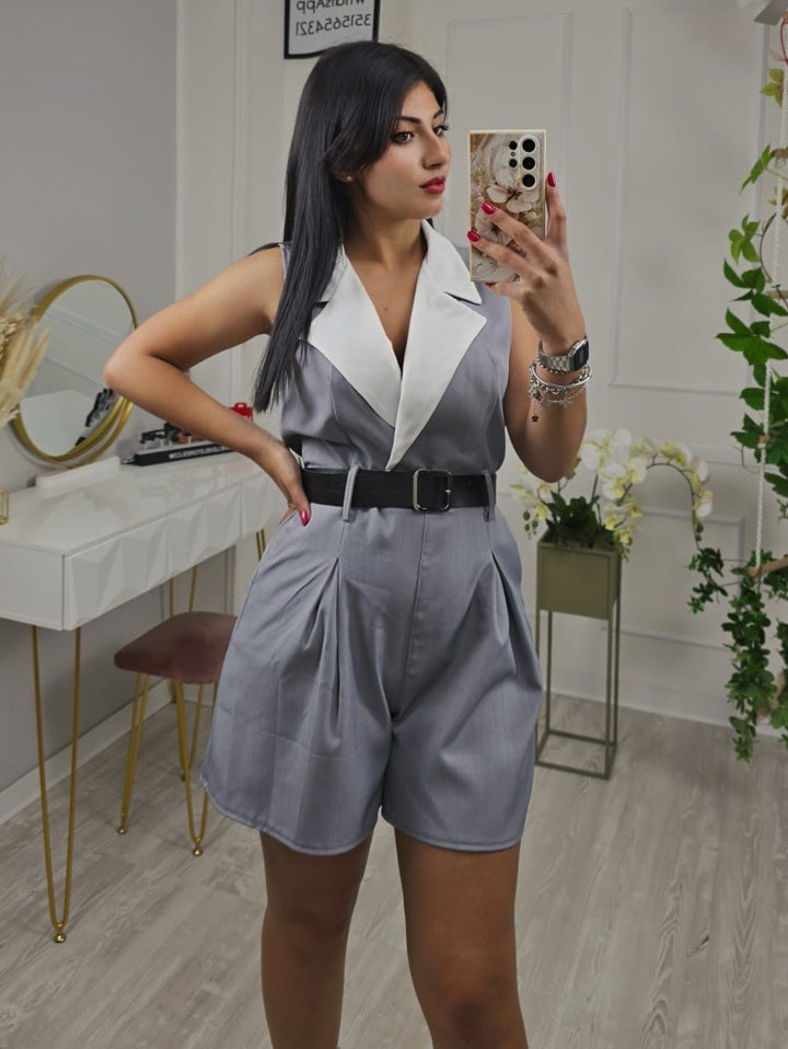 Tuta scollo a v cintura inclusa - Grigio - Level Stores