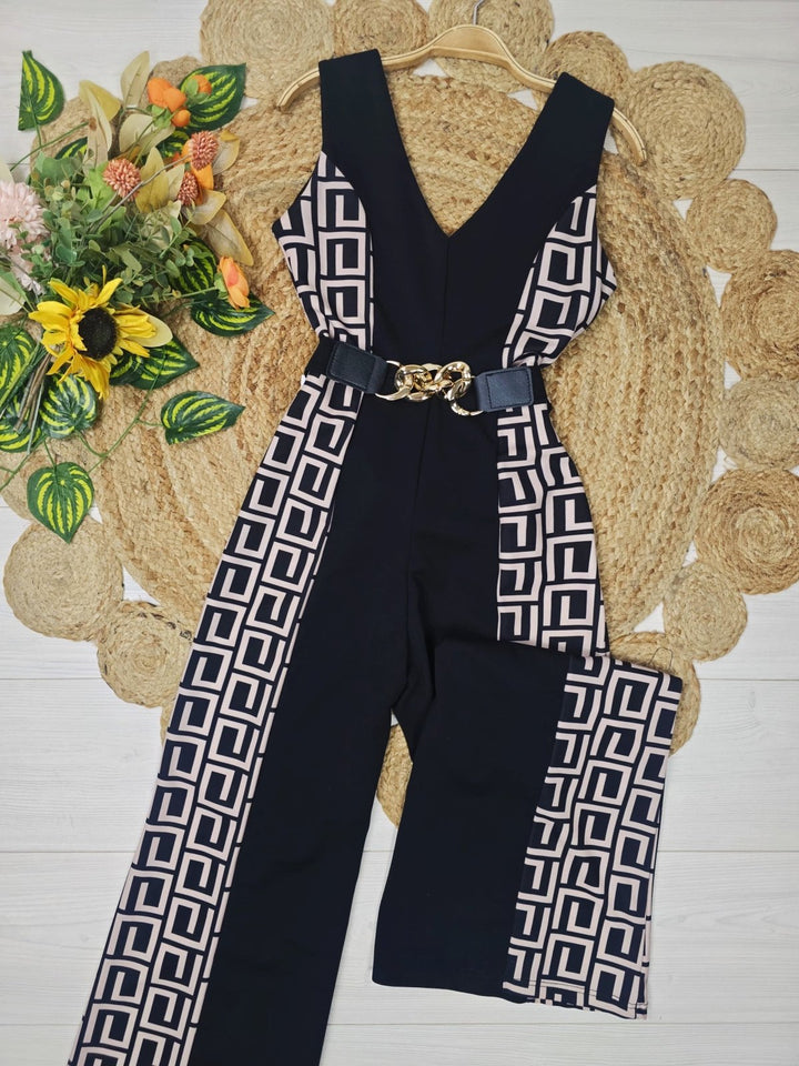 Tuta scollo a v con fantasia astratta e pantalone palazzo inclusa la cintura elegante Nero Level Stores