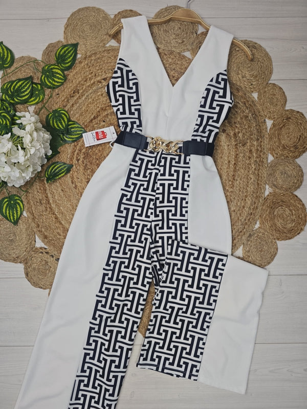 Tuta scollo a v con fantasia astratta e pantalone palazzo inclusa la cintura elegante Bianco Level Stores