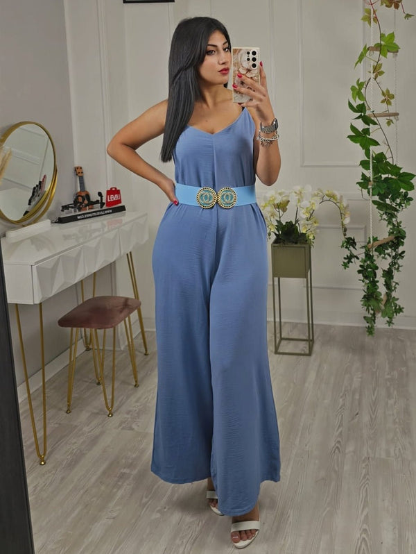 Tuta scollo a V in leggero Pantalone palazzo Morbida - Nero - Level Stores