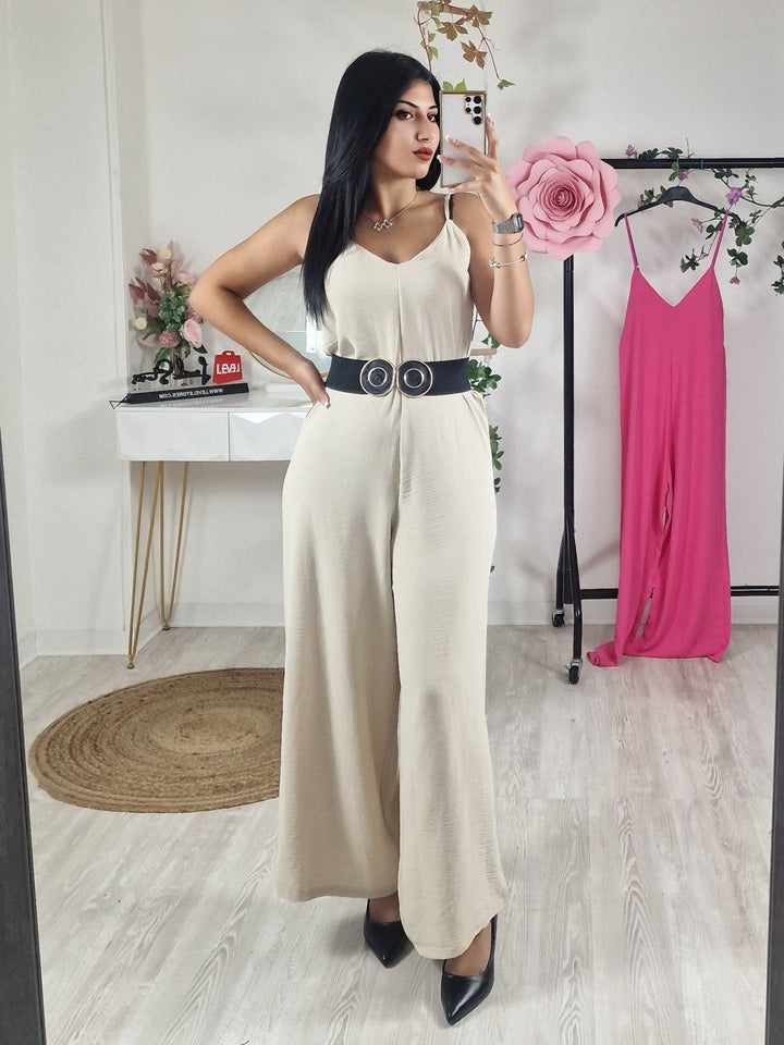 Tuta scollo a V in leggero Pantalone palazzo Morbida - Beige - Level Stores