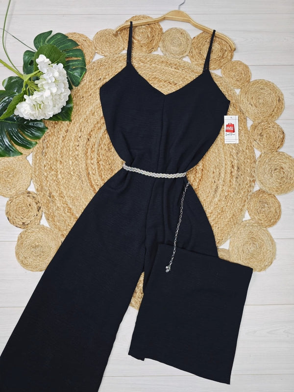 Tuta scollo a V in leggero Pantalone palazzo Morbida - Nero - Level Stores