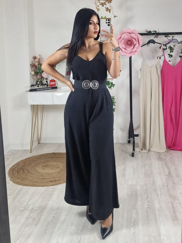 Tuta scollo a V in leggero Pantalone palazzo Morbida - Nero - Level Stores