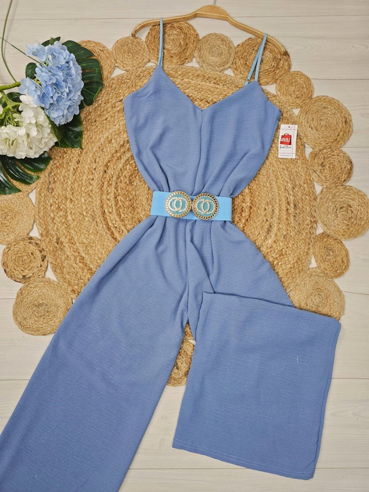Tuta scollo a V in leggero Pantalone palazzo Morbida - Celeste - Level Stores