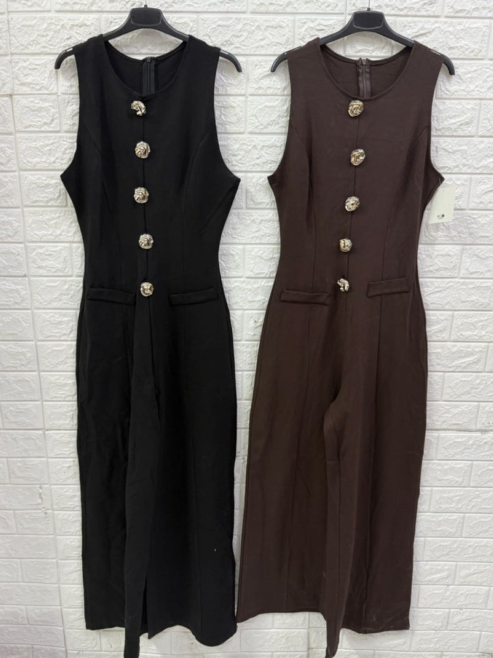 Tuta smanicato con pantalone palazzo con bottoni con zip sul retro elasticizzato Marrone Level Stores