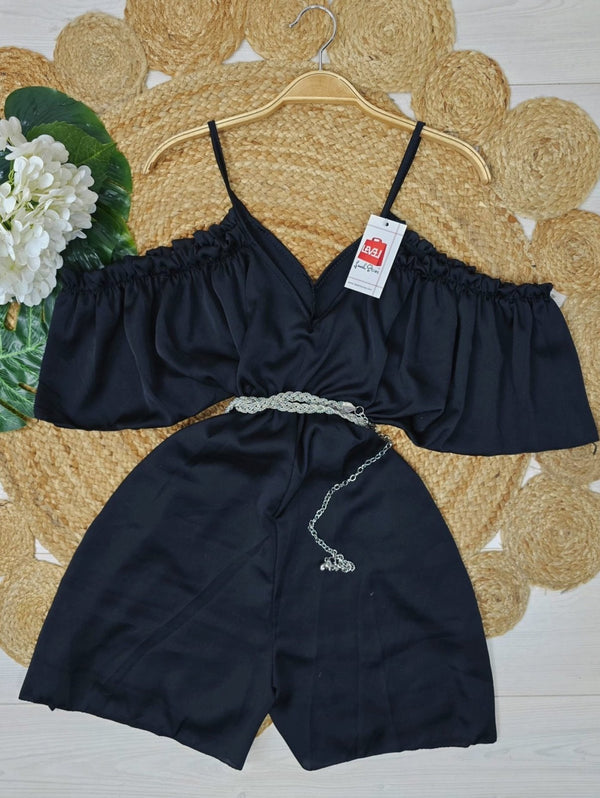 Tutina in raso Scollo a V Spalline sottili - Nero - Level Stores