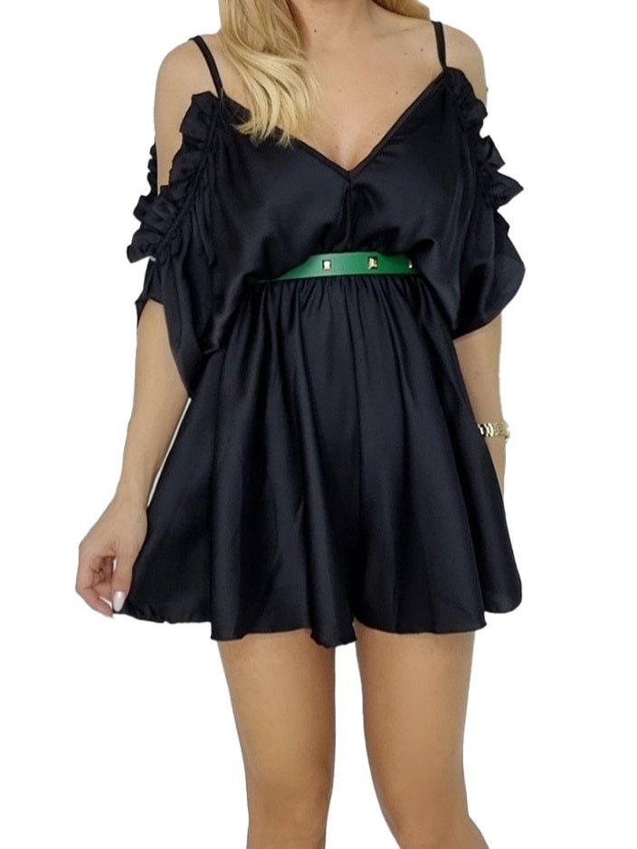 Tutina in raso Scollo a V Spalline sottili - Nero - Level Stores