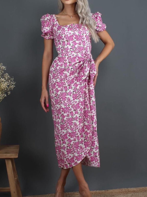 Vestito lungo con stampa floreale spacco manica corta polsino Nero Level Stores