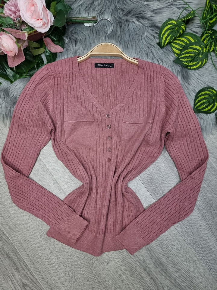 Maglia di maglione con bottoni e maniche, - Rosa cipria - Level Stores