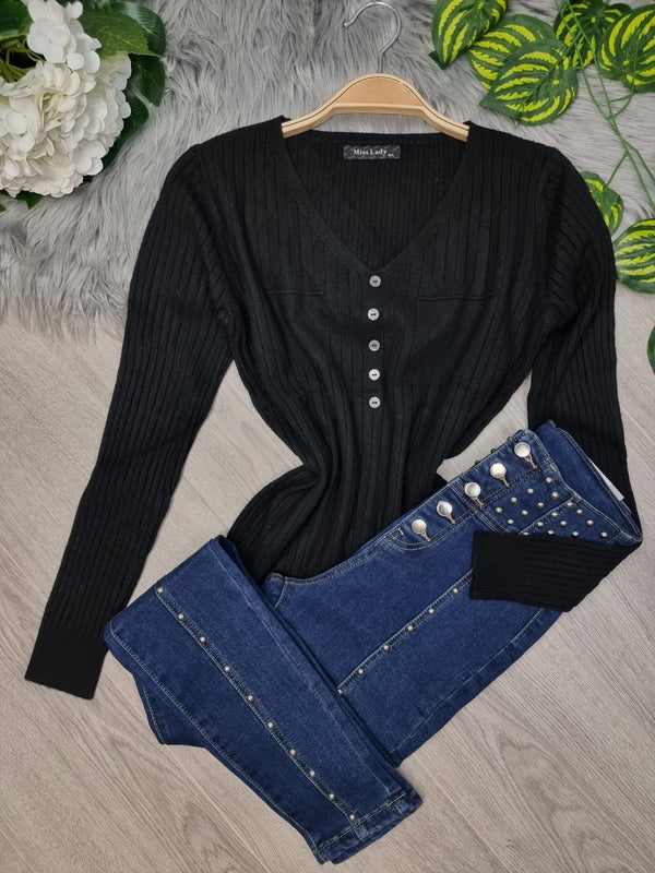 Maglia di maglione con bottoni e maniche, - Nero - Level Stores