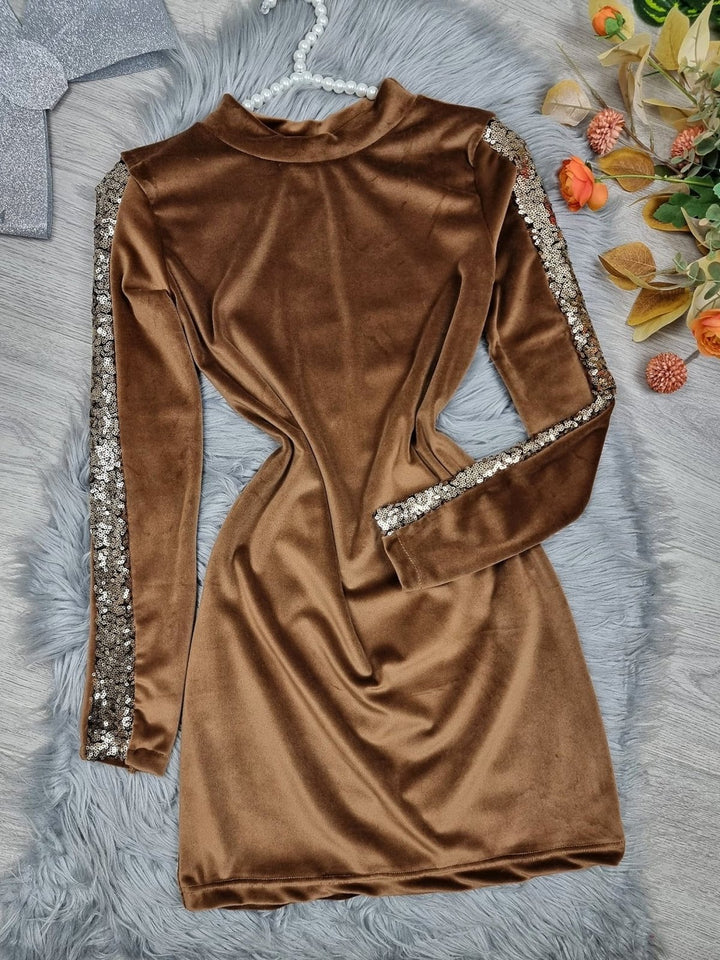 Abito in ciniglia con paillettes - Bronzo - Level Stores