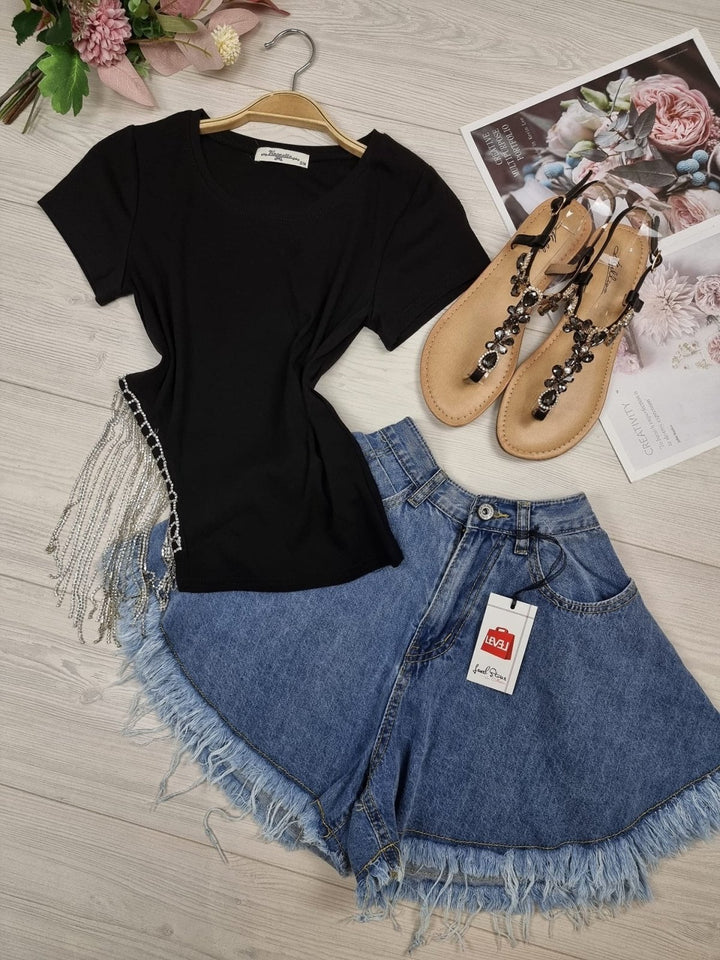 T-shirt con applicazione di strassa - Nero - Level Stores