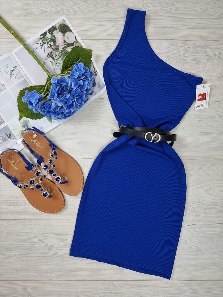 Abito a costine monospalla - Blu elettrico - Level Stores