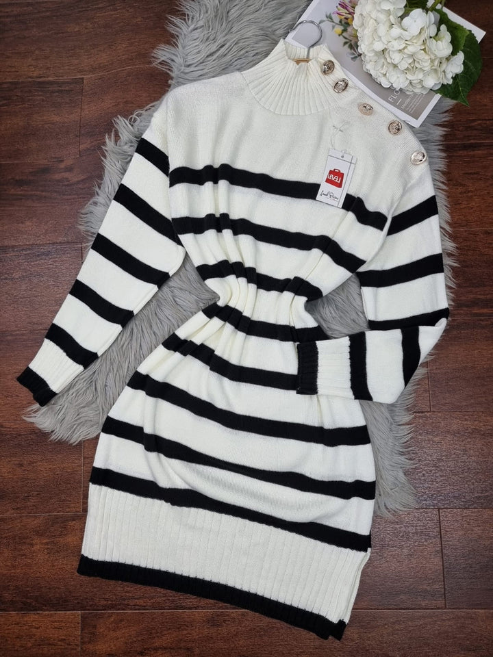 Abito di maglione Donna Maxi Pull Bottoni Fantasia Righe Bicolore Manica lungo Casual Comodo Caldo - Nero - Level Stores