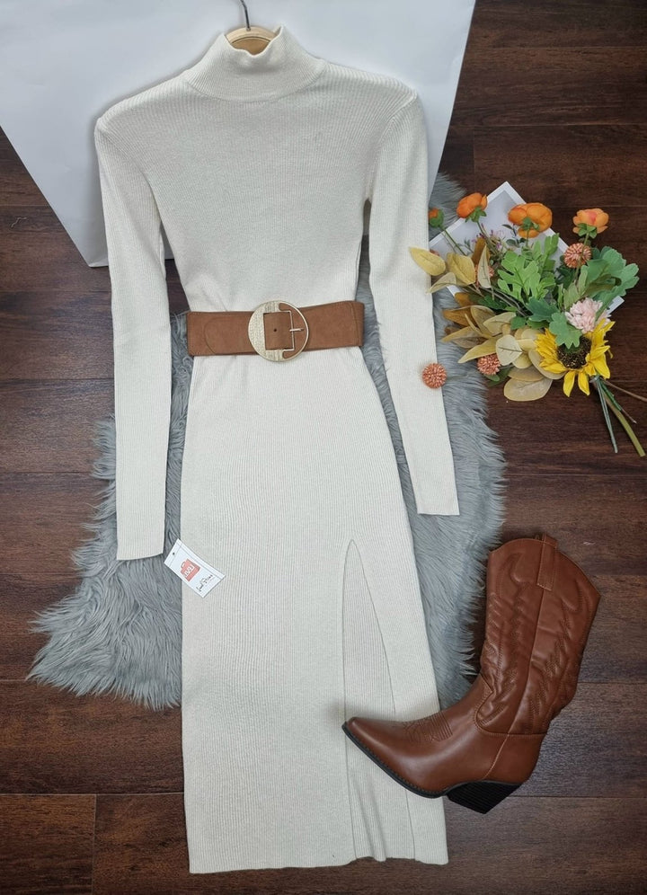 Abito donna Longo Costine Collo alto Aderente Casual Spacco - Beige - Level Stores