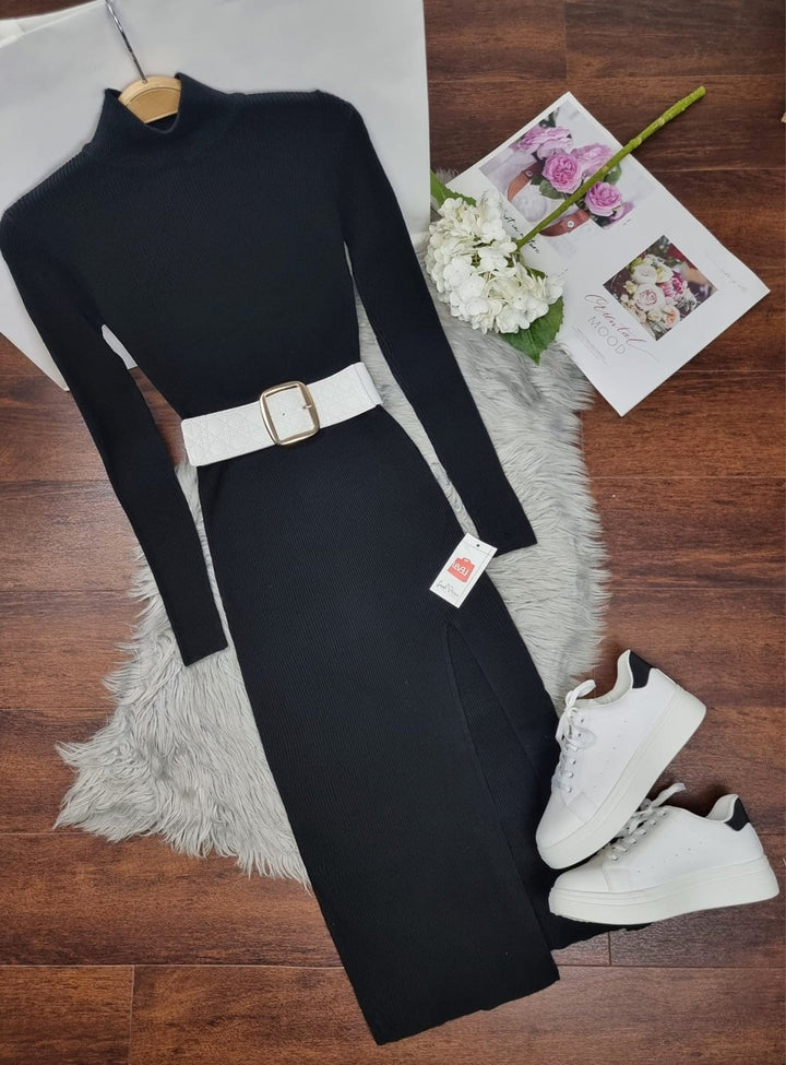 Abito donna Longo Costine Collo alto Aderente Casual Spacco - Nero - Level Stores