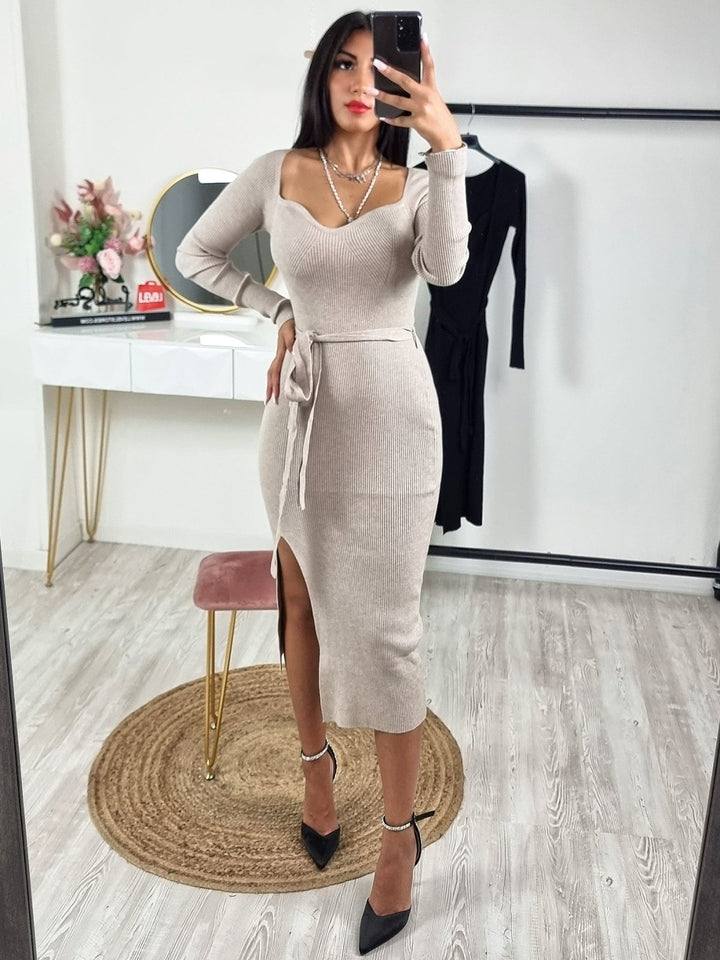 Abito donna Longuette costine scollo cuore spacco aderente cintura sensuale casual - Nero - Level Stores