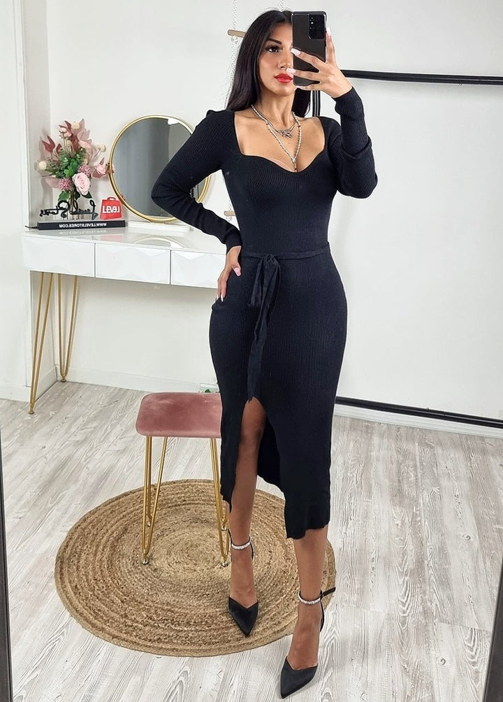 Abito donna Longuette costine scollo cuore spacco aderente cintura sensuale casual - Nero - Level Stores