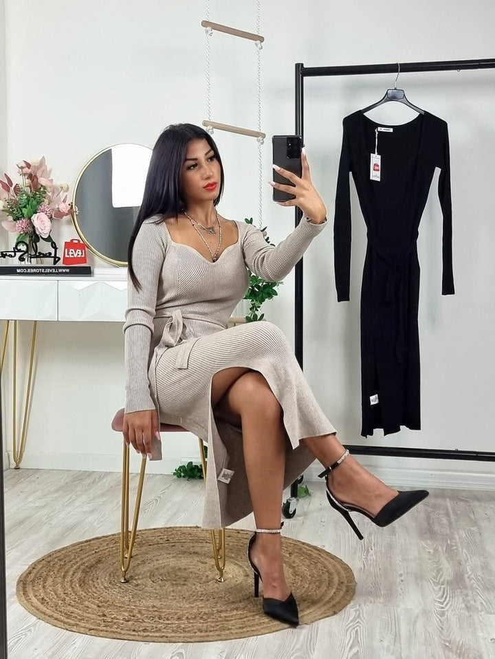 Abito donna Longuette costine scollo cuore spacco aderente cintura sensuale casual - Beige - Level Stores