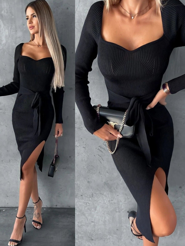 Abito donna Longuette costine scollo cuore spacco aderente cintura sensuale casual - Nero - Level Stores