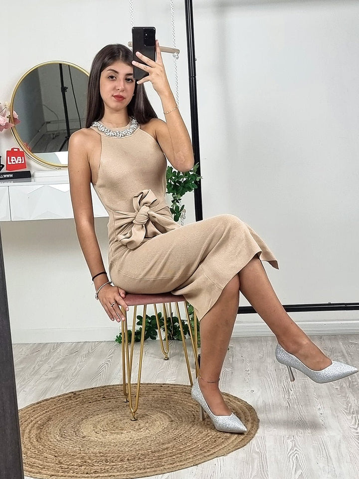 Abito Donna Tubino Longuette Monocolore applicazione di strass Scollo Americano - Nero - Level Stores