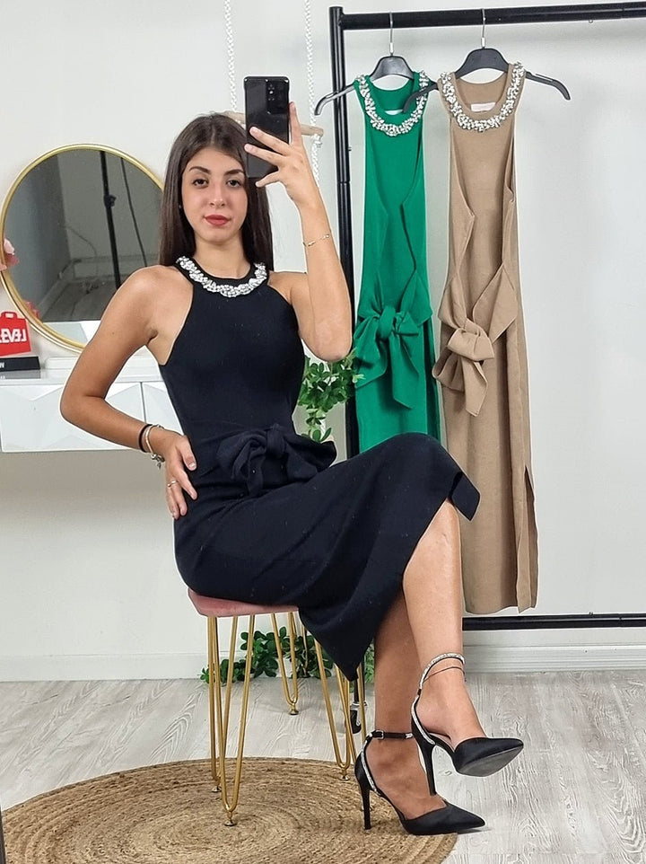 Abito Donna Tubino Longuette Monocolore applicazione di strass Scollo Americano - Nero - Level Stores