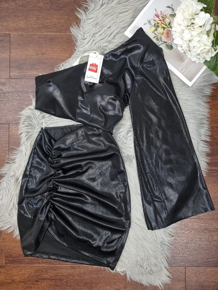 Abito effetto laminato monospalla Elegante - Nero - Level Stores