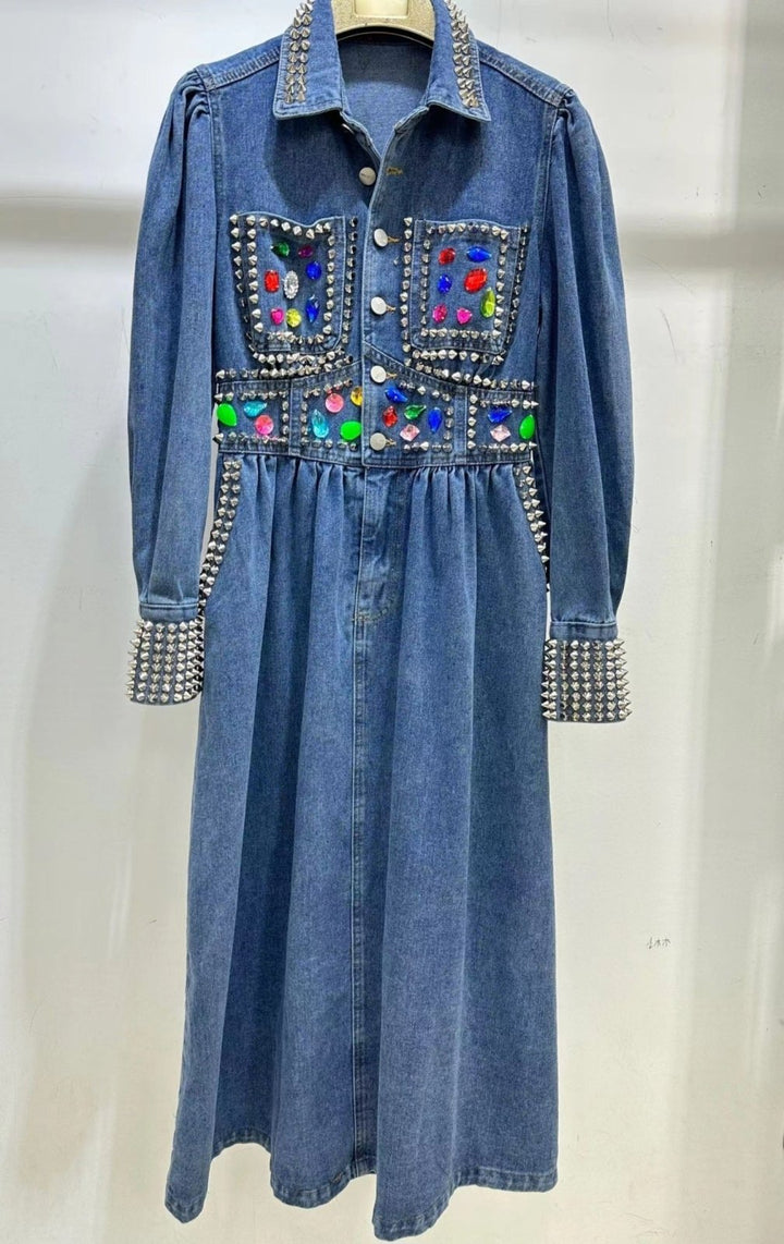 Abito in jeans con applicazione di strass - Jeans scuro - Level Stores
