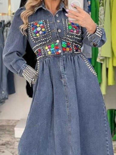 Abito in jeans con applicazione di strass - Jeans scuro - Level Stores